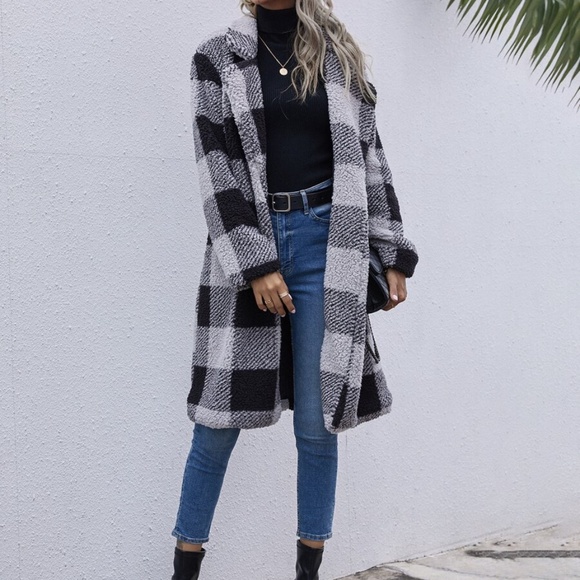 buffalo plaid black grey teddy trench coat jacket - Picture 4 of 7